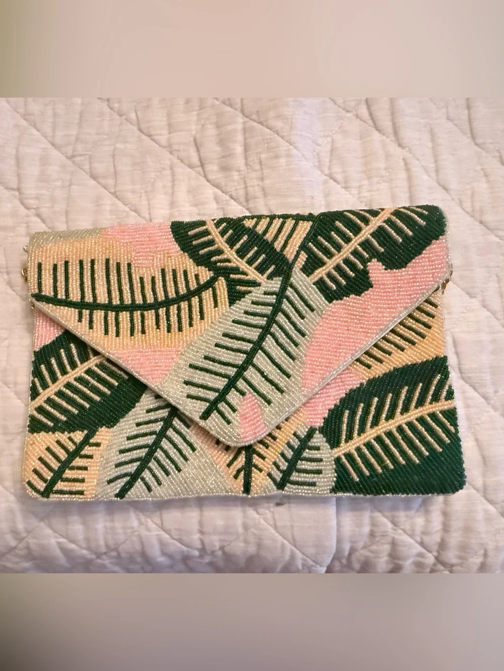 Womens Beaded Leaf Envelope Clutch - Pink & Green